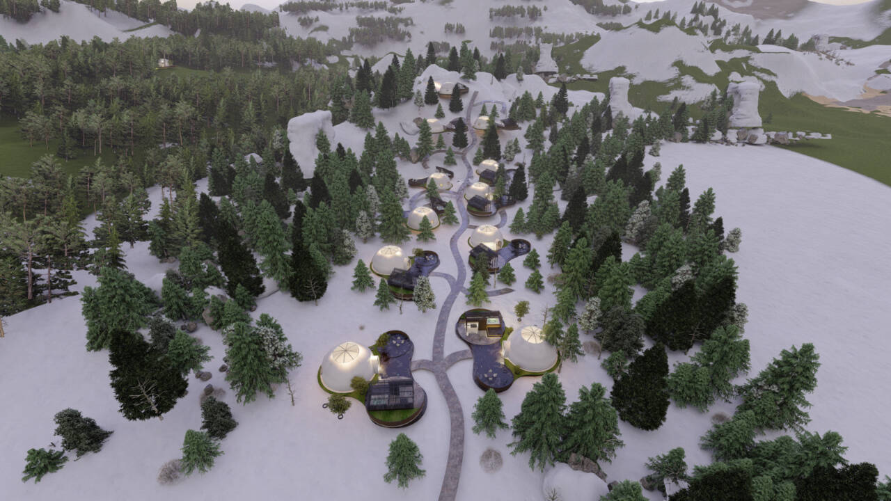 A rendering depicts the Oculis Lodge winding through snowy hills. (Cascadia Daily News)