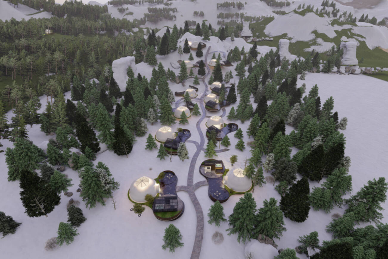 A rendering depicts the Oculis Lodge winding through snowy hills. (Cascadia Daily News)