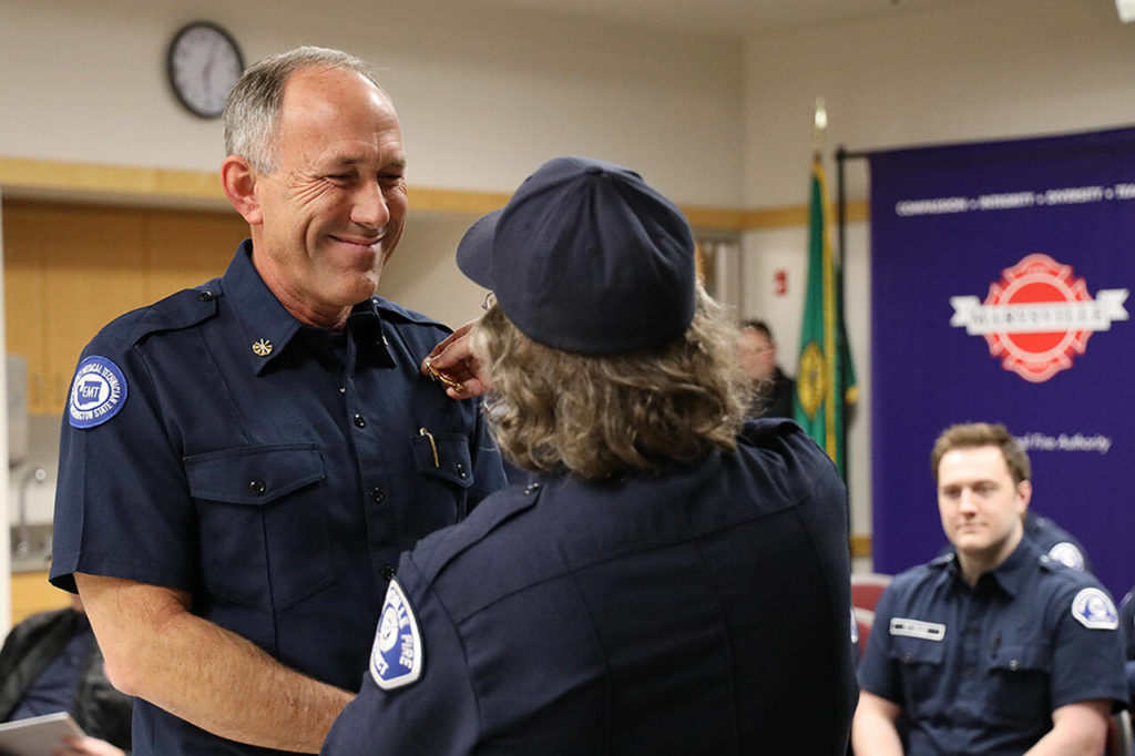 Fire Chief Ned Vander Pol (left) being sworn in during the Marysville Fire District Board of Directors meeting on Wednesday, in Marysville. (Marysville Fire District)
