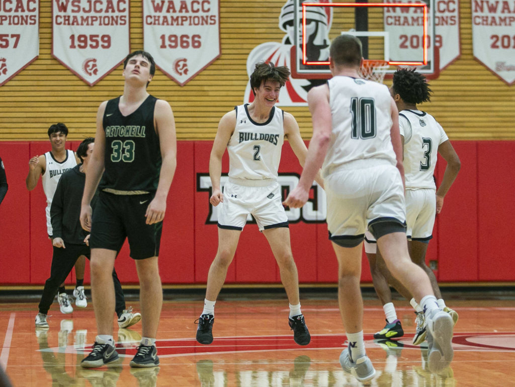 Marysville-Getchell’s Wyatt Harris reacts to losing to Mount Vernon on Friday, Feb. 17, 2023 in Everett, Washington. (Olivia Vanni / The Herald)
