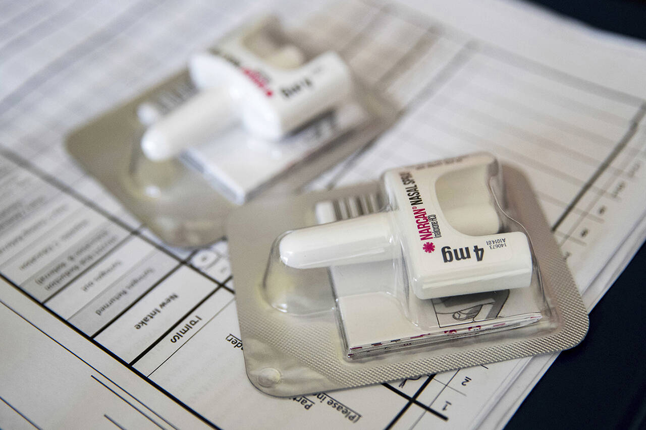 A Narcan nasal device that delivers naloxone. On Tuesday, Aug. 6, 2019, health officials reported that prescriptions of the overdose-reversing drug naloxone are soaring, and experts say that could be a reason overdose deaths have stopped rising for the first time in nearly three decades. (AP Photo/Mary Altaffer)