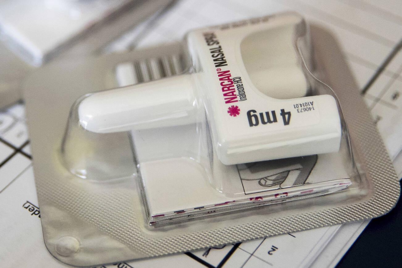 FILE - This July 3, 2018 file photo shows a Narcan nasal device which delivers naloxone in the Brooklyn borough of New York. On Tuesday, Aug. 6, 2019, health officials reported that prescriptions of the overdose-reversing drug naloxone are soaring, and experts say that could be a reason overdose deaths have stopped rising for the first time in nearly three decades. (AP Photo/Mary Altaffer)