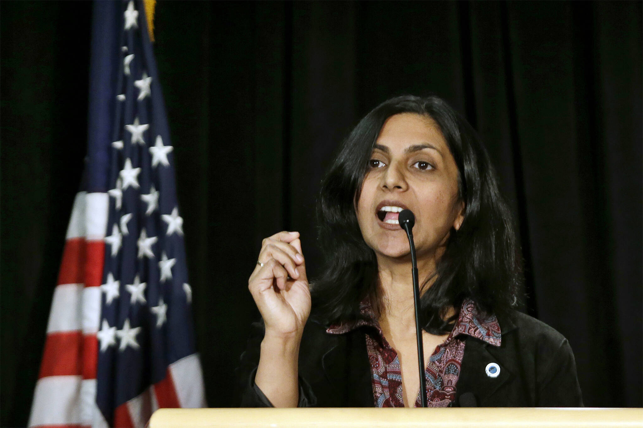 New Seattle City Councilmember Kshama Sawant speaks during an inauguration ceremony for city officials on Jan. 6, 2014, in Seattle. (AP Photo / Elaine Thompson, File)
