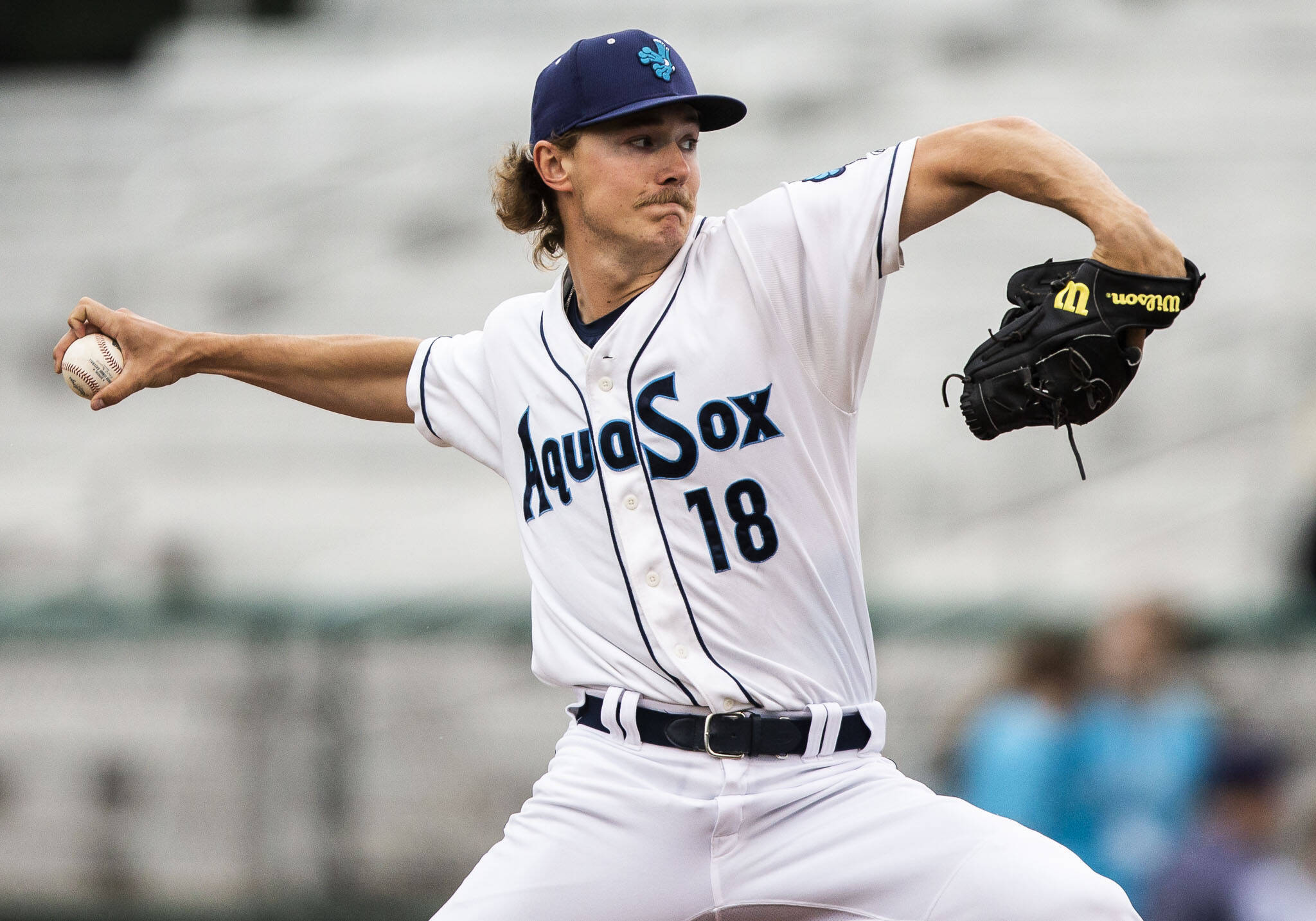 Bryce Miller pitches during a game against the Tri-City Dust Devils on Wednesday, June 15, 2022 in Everett, Washington. (Olivia Vanni / The Herald)