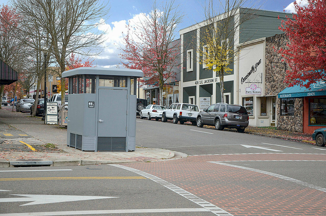 Romtec single sidewalk restrooms, like this one seen in Roseburg, Ore., could come to downtown Everett’s sidewalks near the Cope Gillette Theatre and EverPark Garage. (Romtec)