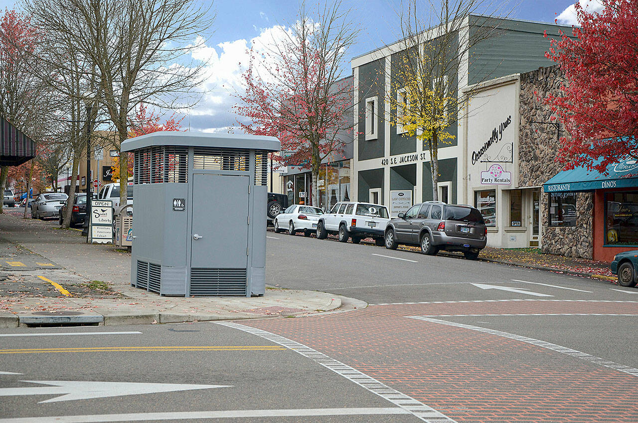 Romtec single sidewalk restrooms, like this one seen in Roseburg, Ore., could come to downtown Everett’s sidewalks near the Cope Gillette Theatre and EverPark Garage. (Romtec)