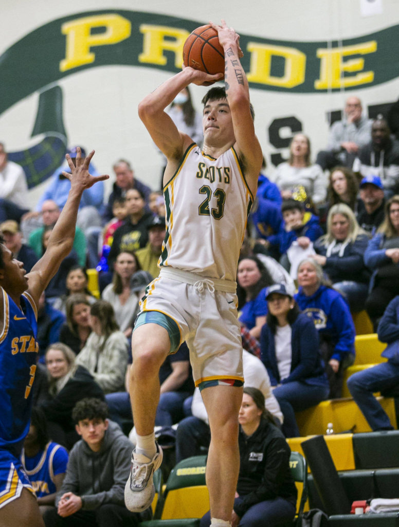 Shorecrest’s Parker Baumann attempts a three-point shot during the game against Stadium on Tuesday, Feb. 21, 2023 in Shoreline, Washington. (Olivia Vanni / The Herald)
