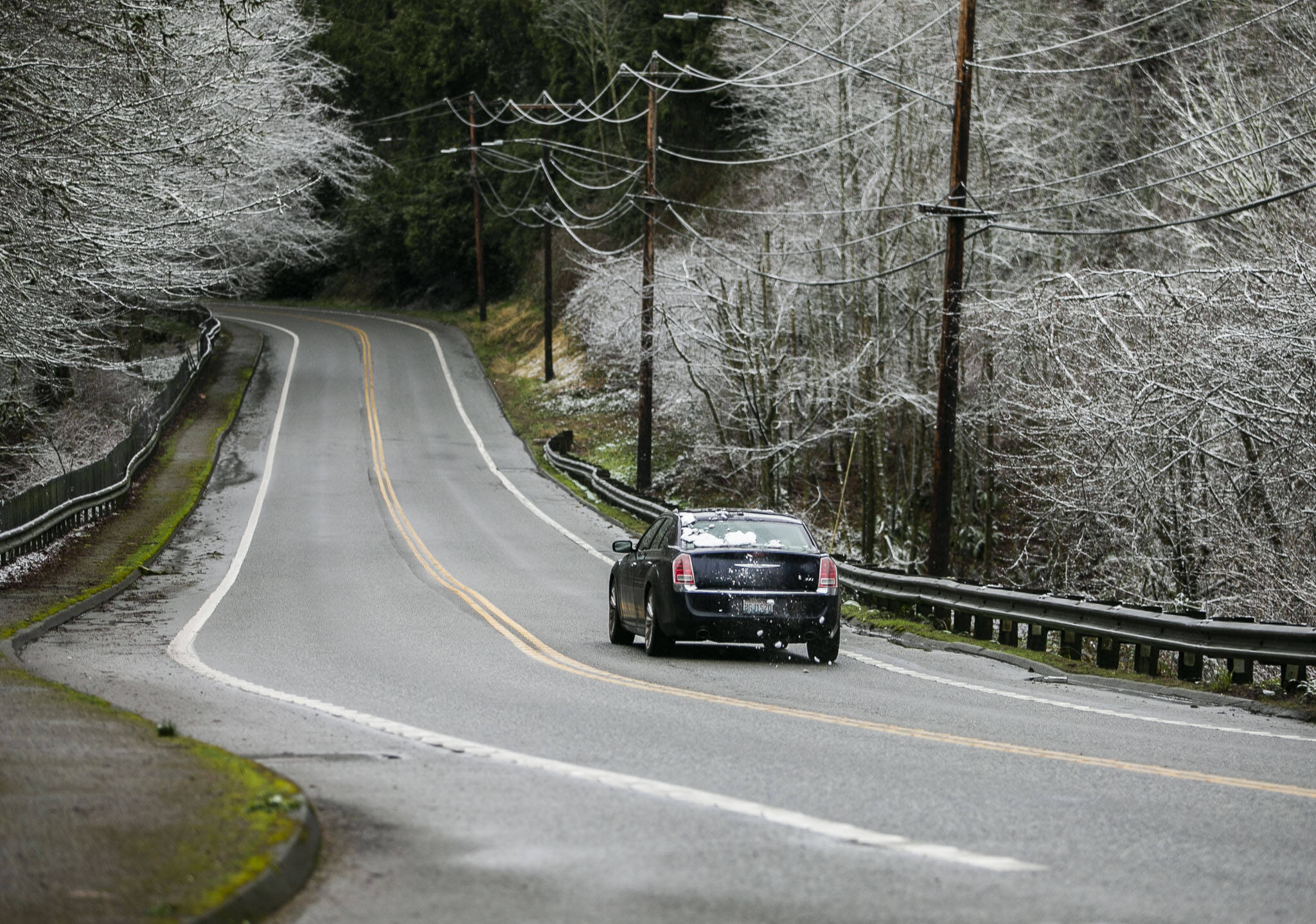 Snow falls off of a car driving through Forest Park on Wednesday, Feb. 22 in Everett. (Olivia Vanni / The Herald)