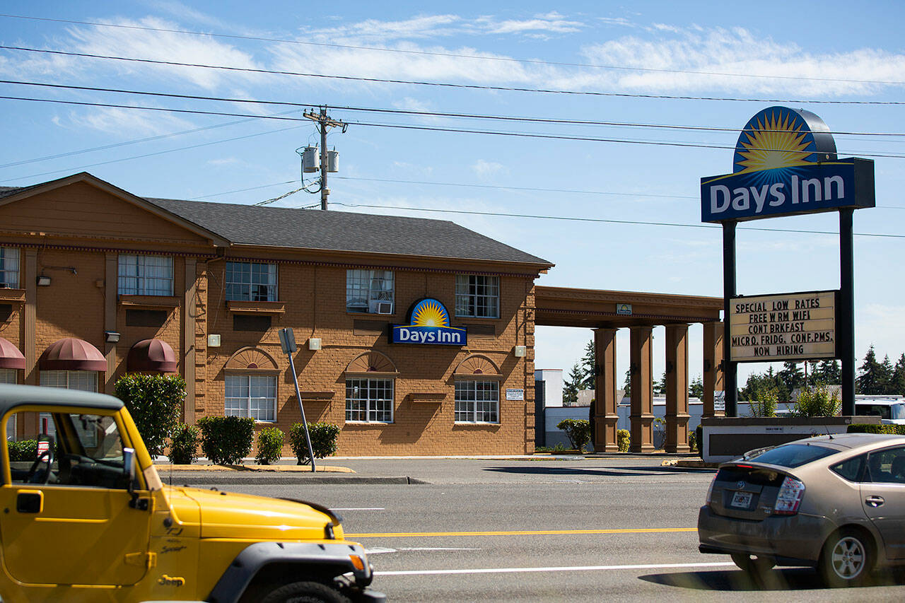 The former Days Inn on Everett Mall Way, seen here Aug. 8, 2022, that Snohomish County bought to convert into emergency housing is contaminated by methamphetamines. (Ryan Berry / Herald file)