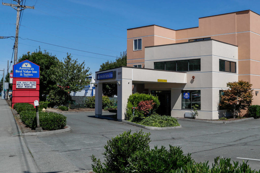 The former Americas Best Value Inn and Suites in Edmonds, seen here Aug. 15, 2022, bought by Snohomish County for use as emergency housing has meth contamination. (Kevin Clark / Herald file)
