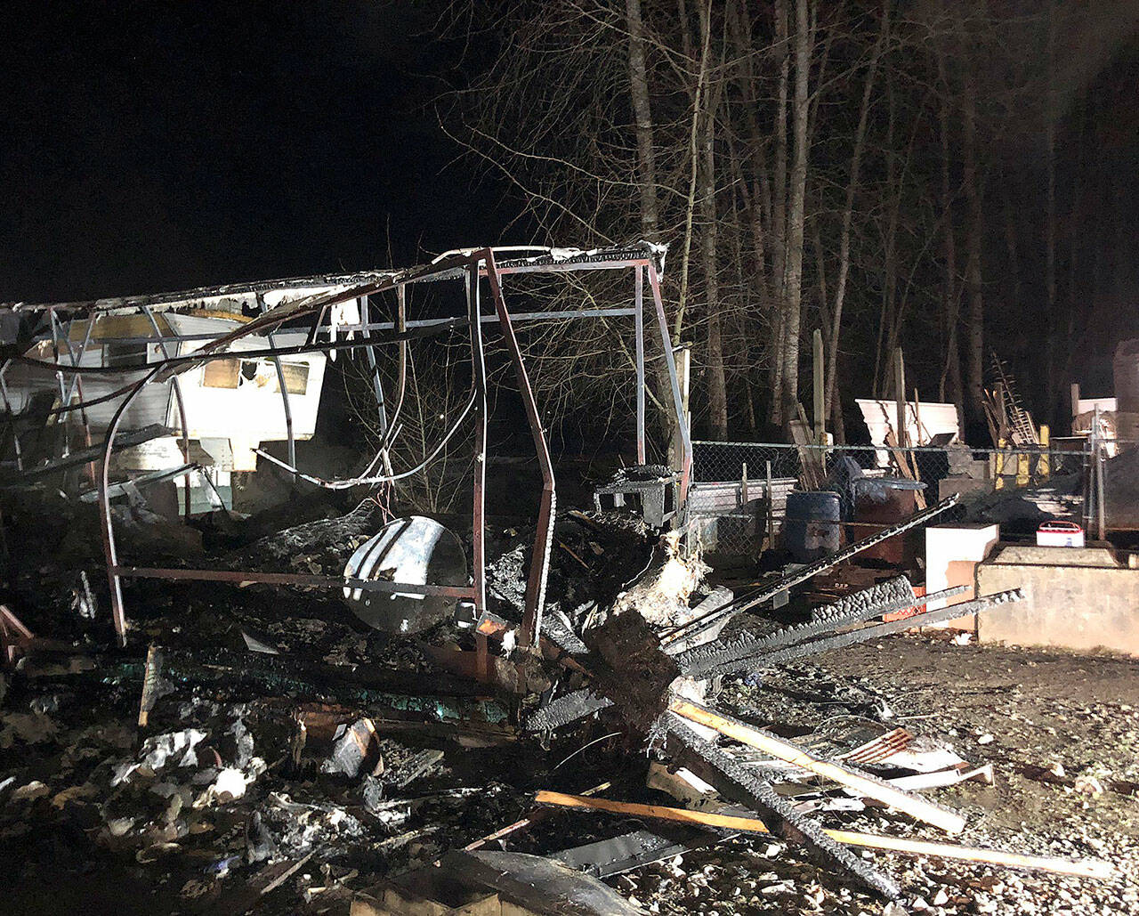 A man was injured and a woman, now identified as 53-year-old Jackie Stetcher, was found dead after an RV fire on Jan. 29 in Marysville. (Marysville Fire District)