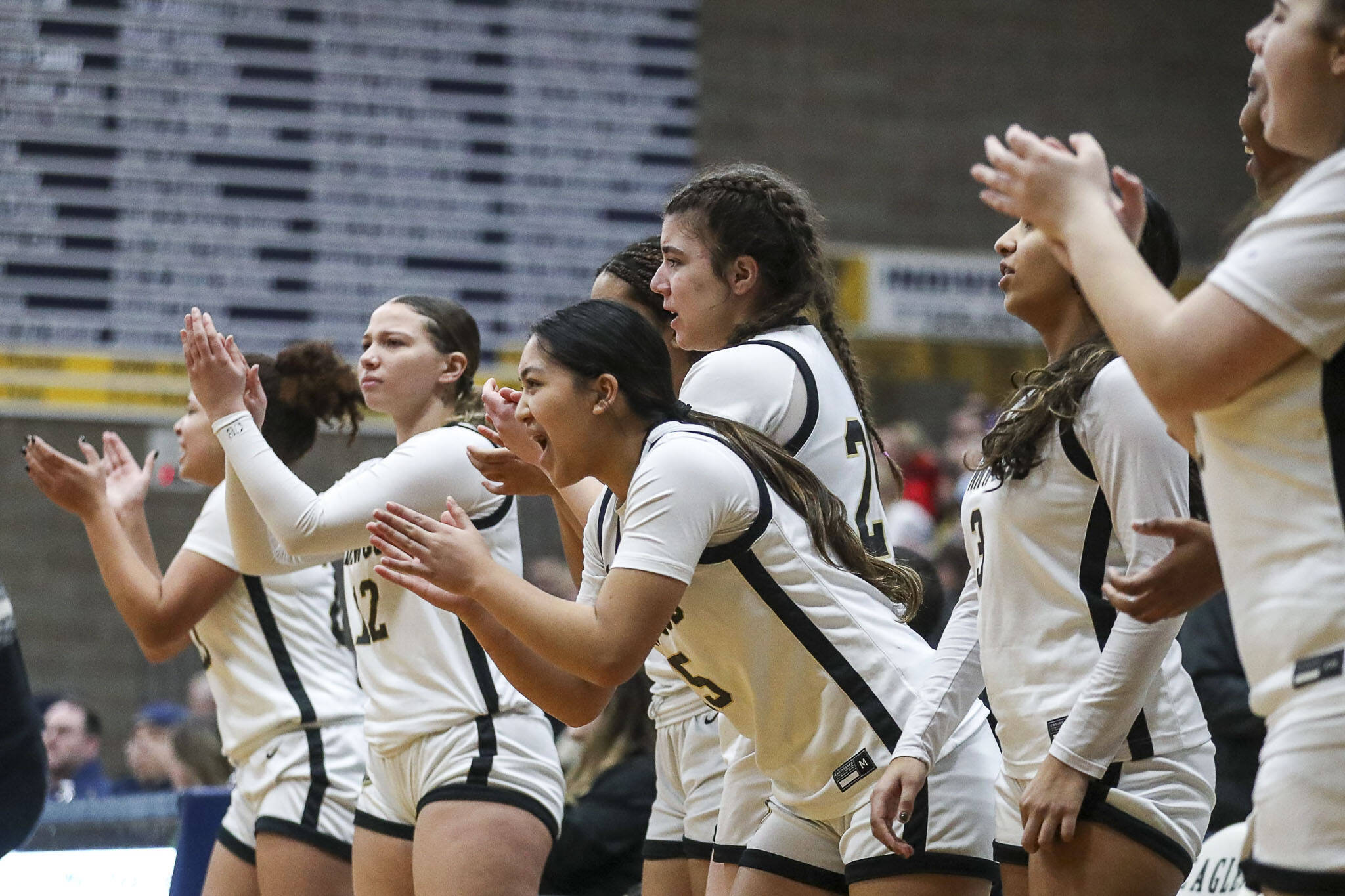 Lynnwood players cheer during a state playoff game against West Seattle at Arlington High School on Saturday. Lynnwood won 47-45. (Annie Barker / The Herald)