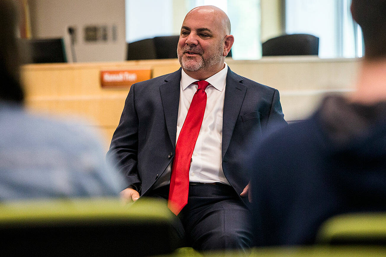 Ian Saltzman during the student portion of the new Everett Public Schools' superintendent interviews in May. (Olivia Vanni / Herald file)