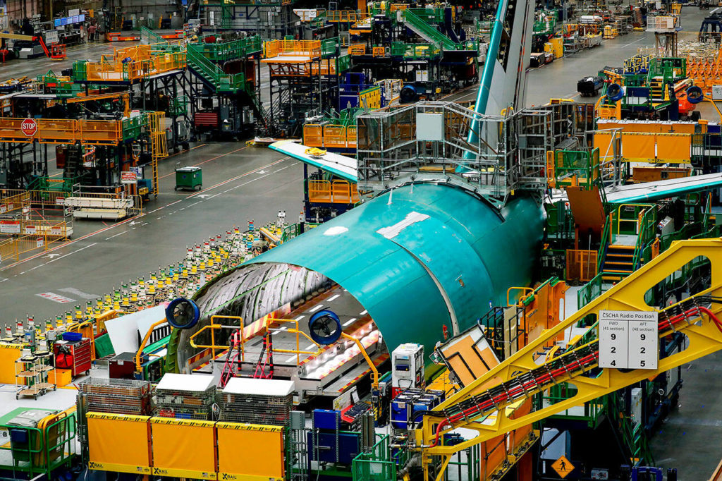 A the rear fuselage section of a 777 freighter is seen at Boeing’s Everett Production Facility on June 15, in Everett. (Jennifer Buchanan/The Seattle Times via AP, Pool)
