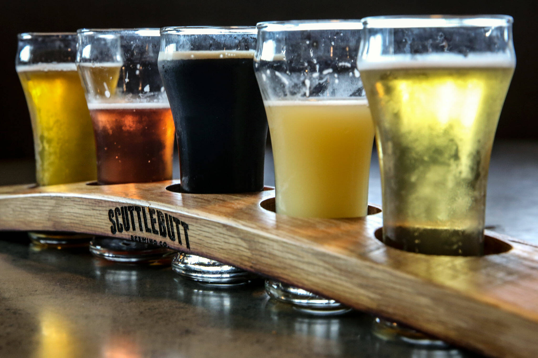 A sampler at Scuttlebutt Brewing Restaurant and Pub Friday afternoon on July 2, 2021 in Everett, Washington. (Kevin Clark / The Herald)