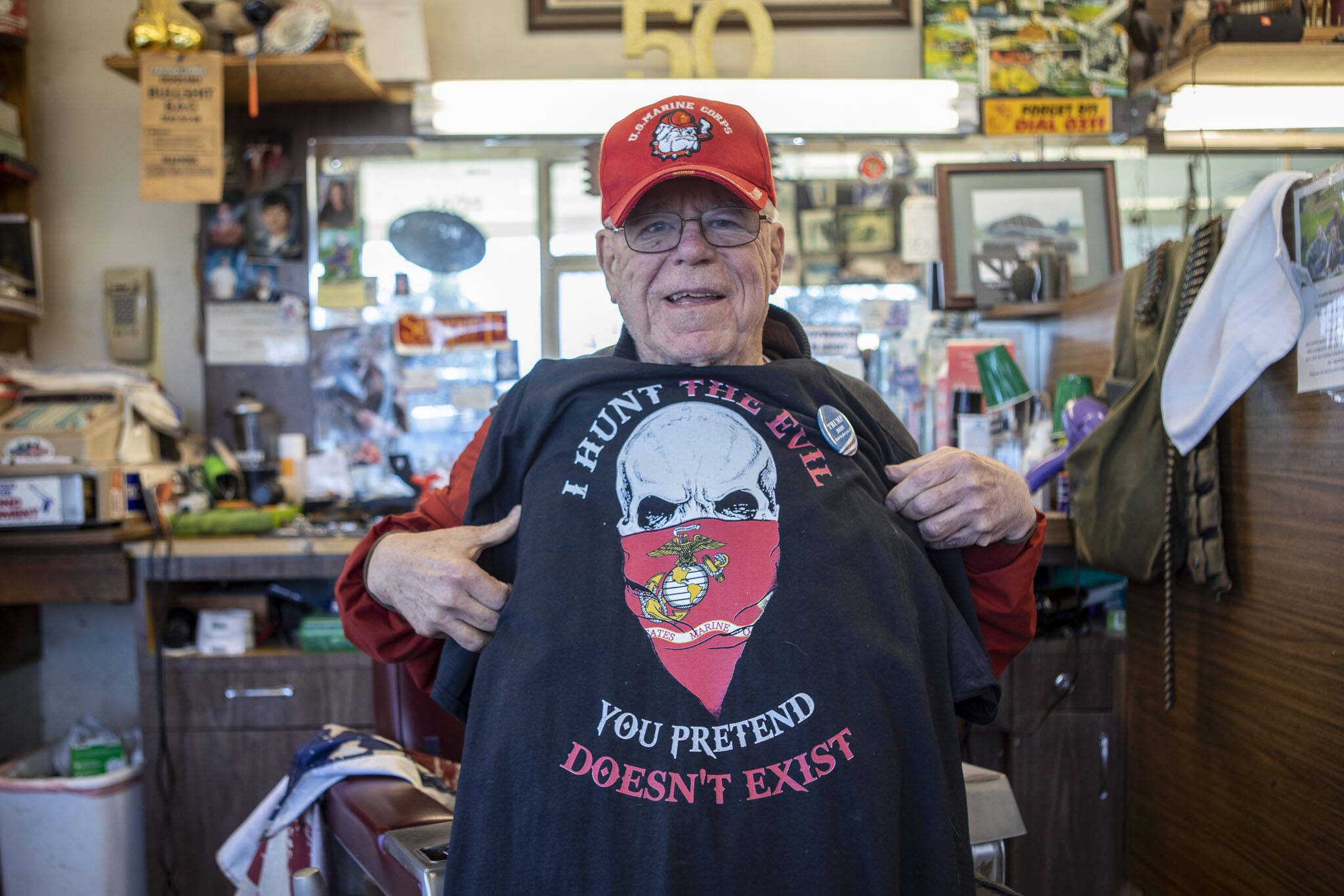 Bob Martin, 82, poses for a photo at The Stag Barbershop on March 22, 2023 in Snohomish, Washington. (Annie Barker / The Herald)