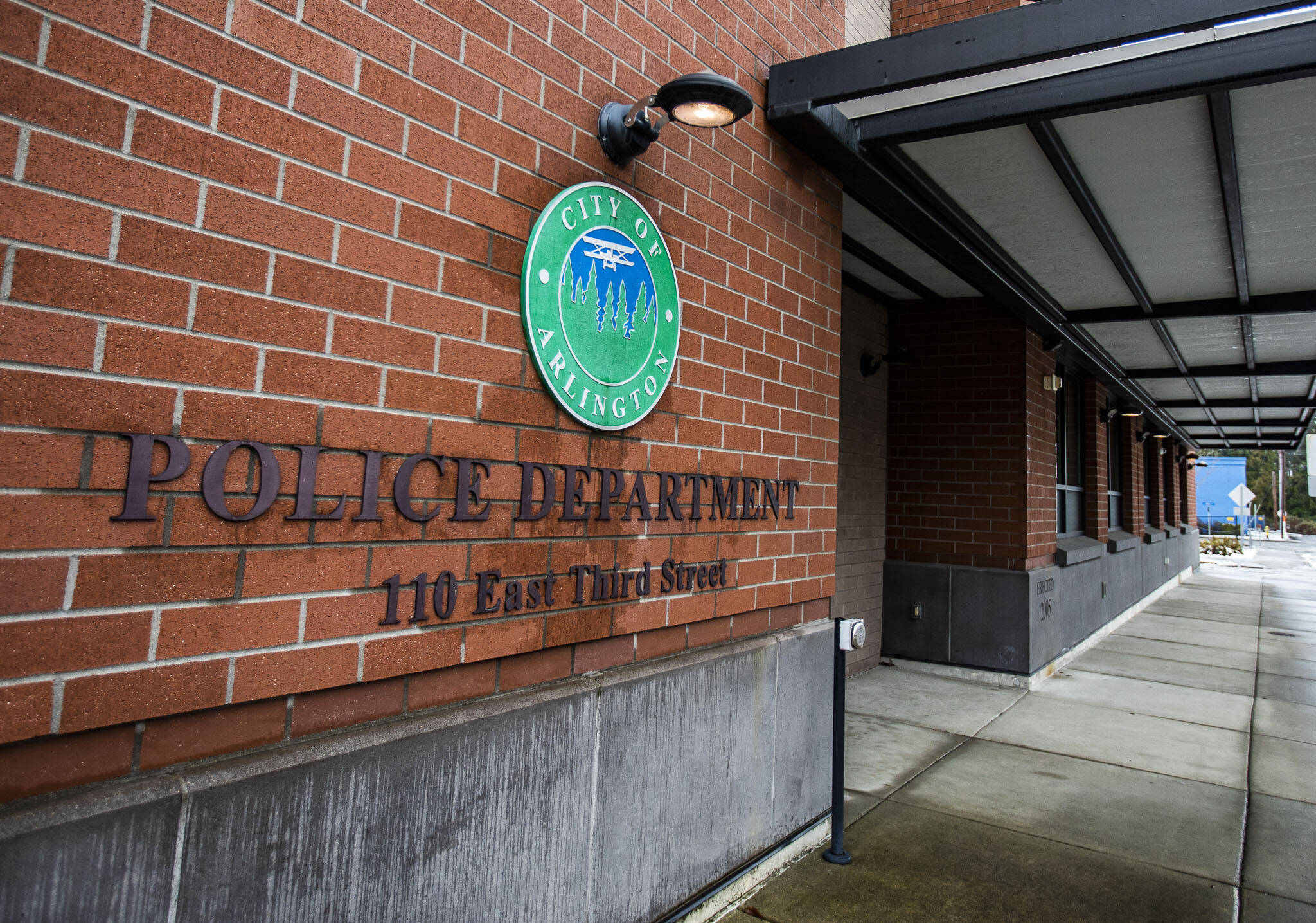 Outside of the Arlington Police Department on Tuesday, in Arlington. (Olivia Vanni / The Herald)