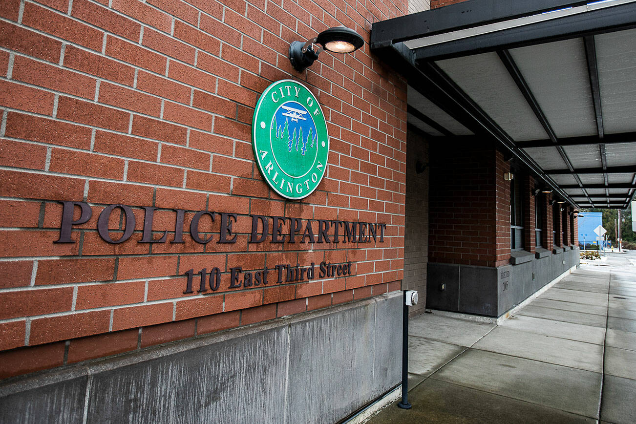 Outside of the Arlington Police Department on Tuesday, Feb. 28, 2023 in Arlington, Washington. (Olivia Vanni / The Herald)