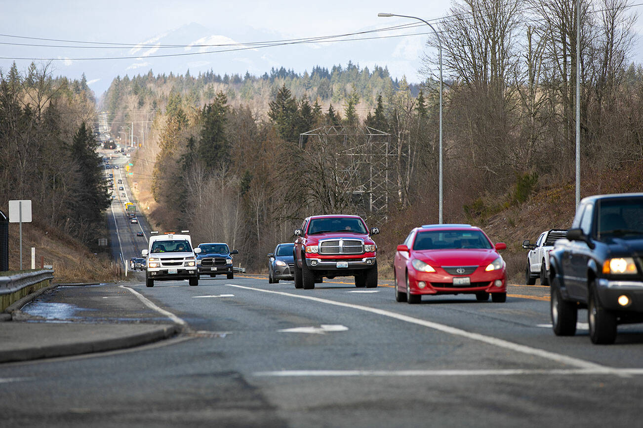 Vehicles head south on Highway 9 towards the intersection at 64th Street NE on Thursday, March 2, 2023, near Walmart in Marysville, Washington. (Ryan Berry / The Herald)