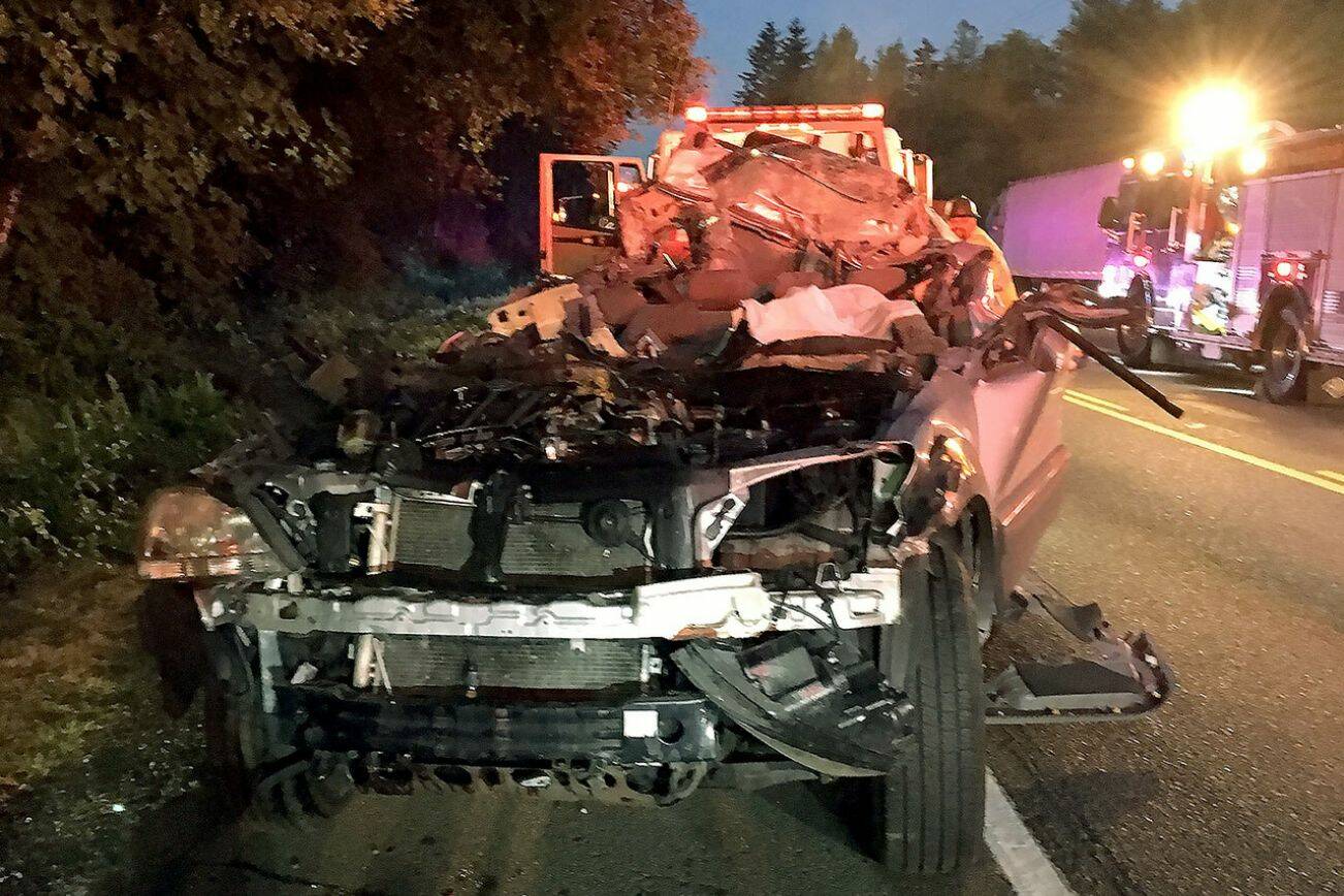 The wreckage of a vehicle that struck a parked semi trailer on Alderwood Mall Parkway on July 26, 2017 in Lynnwood, Washington. Three teenagers were killed and one survived. (Snohomish County Sheriff’s Office)