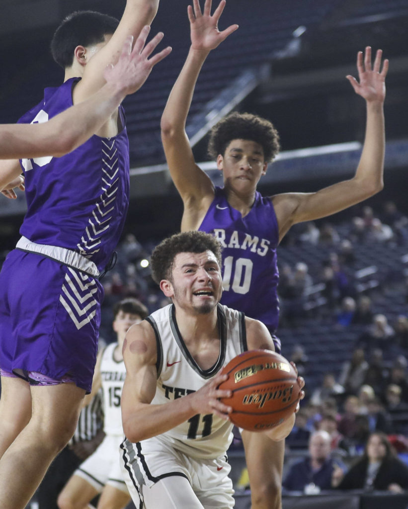 Mountlake Terrace’s Chris Meegan (11) shoots the ball during a 3A boys game in the Hardwood Classic between Mountlake Terrace and North Thurston at the Tacoma Dome in Tacoma, Washington on Wednesday, March 1, 2023. Mountlake Terrace won, 58-53. (Annie Barker / The Herald)

