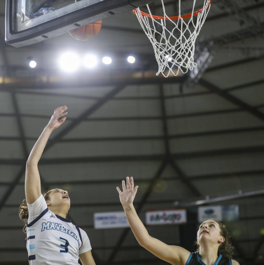 Meadowdale’s Kaiya Dotter (3) shoots the ball during a 3A girls game in the Hardwood Classic between Meadowdale and Bonney Lake at the Tacoma Dome in Tacoma, Washington on Wednesday, March 1, 2023. Meadowdale won, 62-35.(Annie Barker / The Herald)

