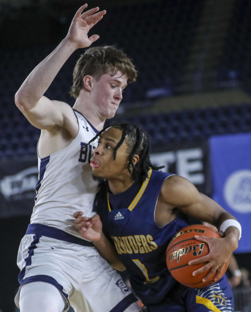 Mariner’s Jailin Johnson (2) fights to shoot the ball during a 3A boys game in the Hardwood Classic between Gonzaga Prep and Mariner at the Tacoma Dome in Tacoma, Washington on Wednesday, March 1, 2023. The Marauders fell, 79-69. (Annie Barker / The Herald)
