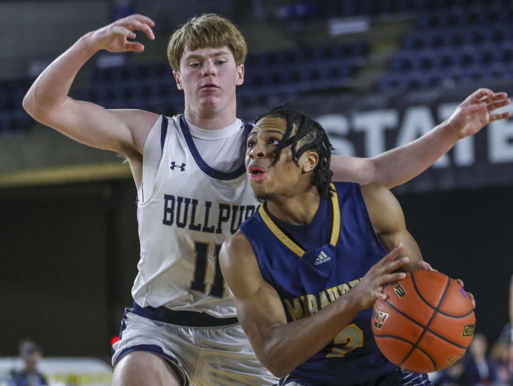Mariner’s Jailin Johnson (2) fights to shoot the ball during a 3A boys game in the Hardwood Classic between Gonzaga Prep and Mariner at the Tacoma Dome in Tacoma, Washington on Wednesday, March 1, 2023. The Marauders fell, 79-69. (Annie Barker / The Herald)
