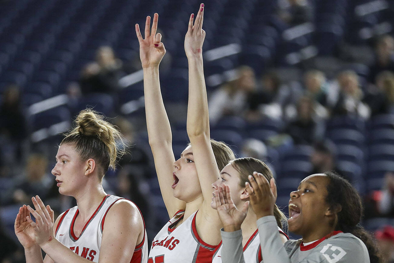 Stanwood players cheer during a 3A girls game in the Hardwood Classic between Lynnwood and Stanwood at the Tacoma Dome in Tacoma, Washington on Wednesday, March 1, 2023. Stanwood won, 74-69. (Annie Barker / The Herald)