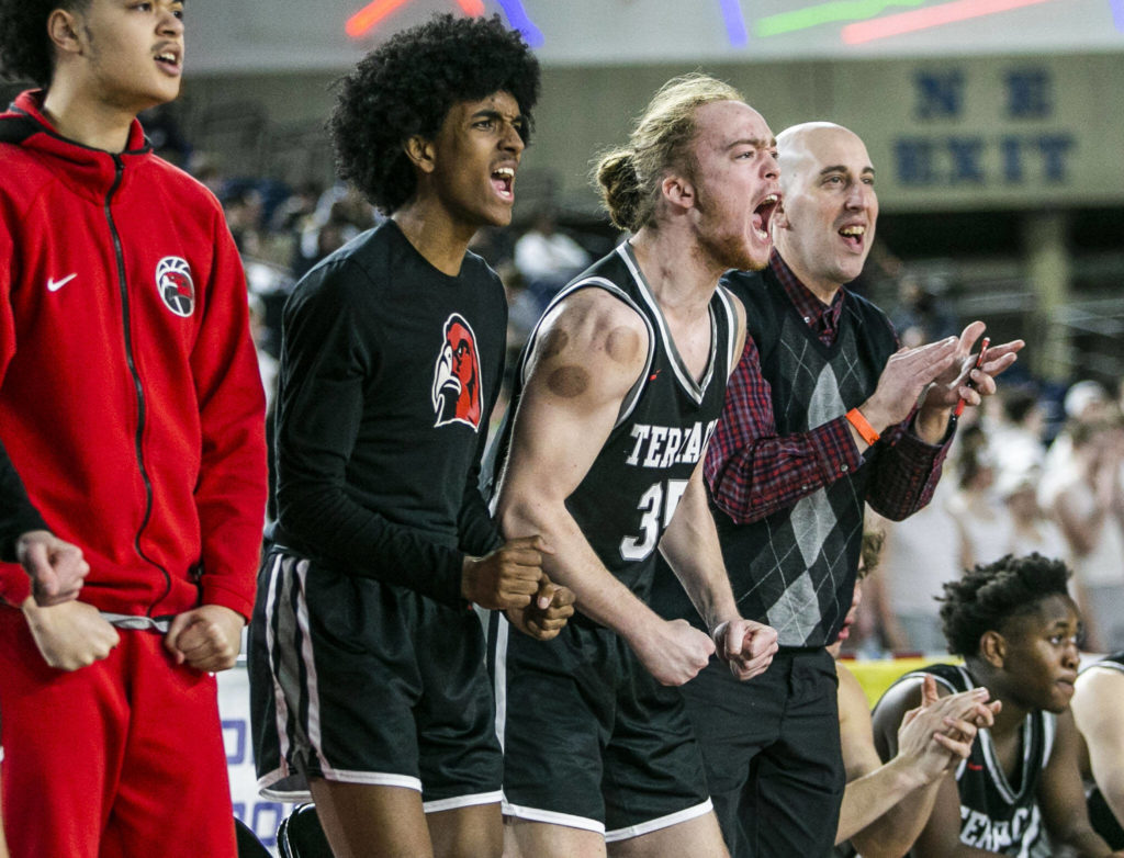 The Mountlake bench reacts to a score during the 3A quarterfinal game against O’Dea on Thursday, March 2, 2023 in Tacoma, Washington. (Olivia Vanni / The Herald)
