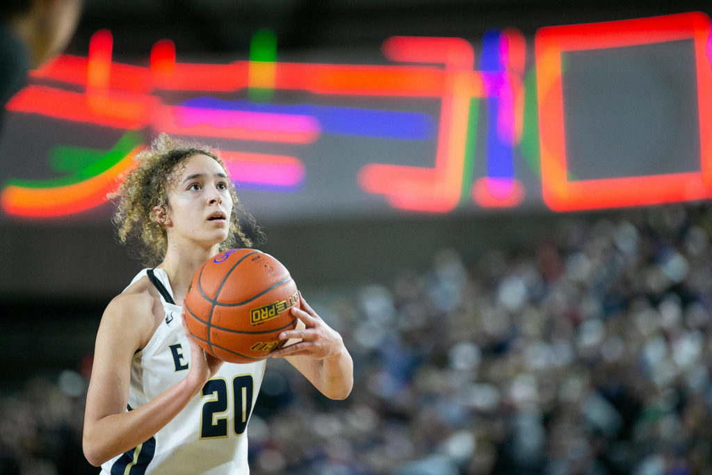 Arlington’s Samara Morrow takes a free throw against Lake Washington in the 3A semifinal on Friday, March 3, 2023, at the Tacoma Dome in Tacoma, Washington. Arlington shot 16 for 23 from the line. (Ryan Berry / The Herald)
