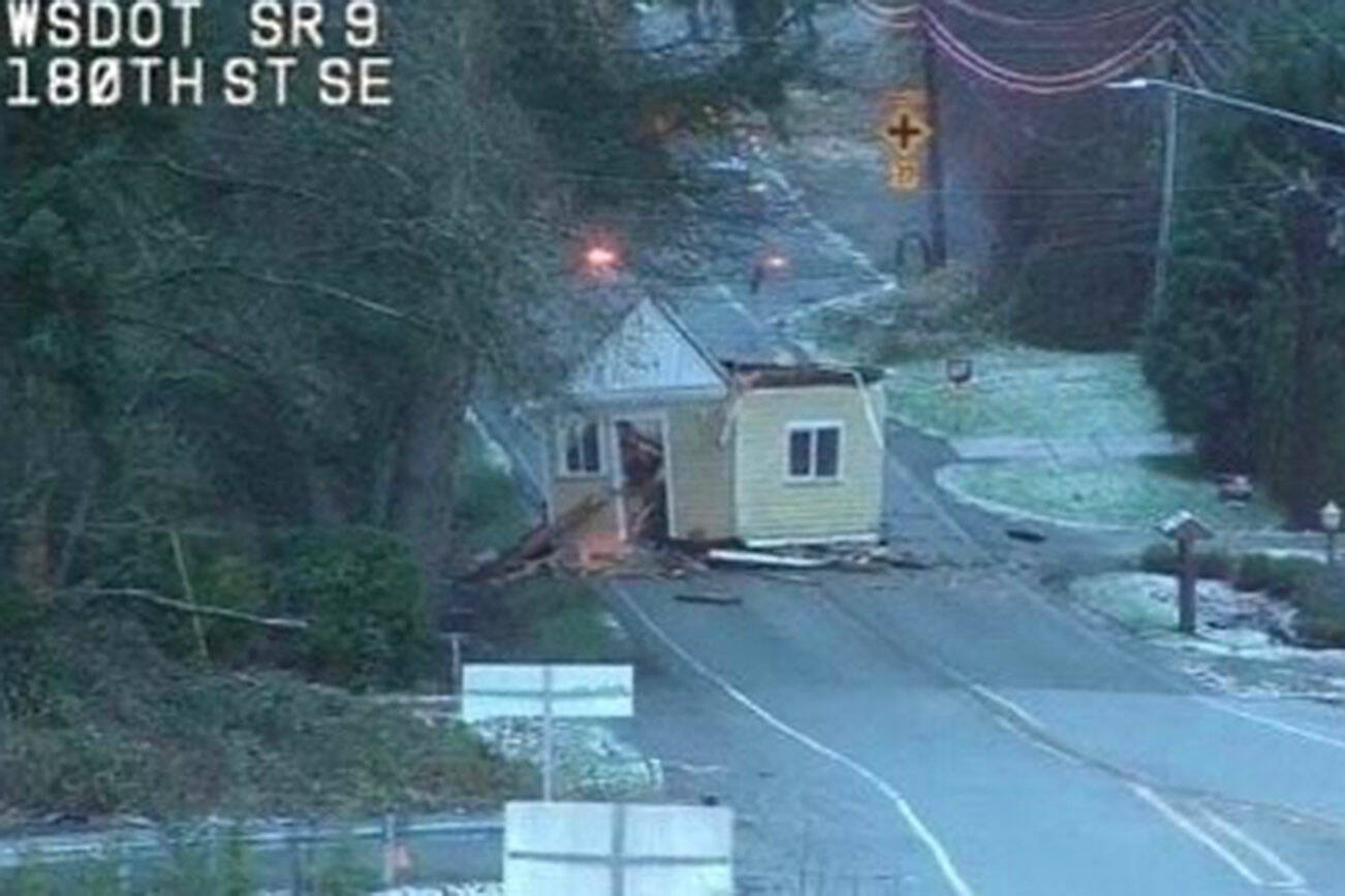 A shed was found Friday morning blocking the street on 180th Street SE. (Washington State Department of Transportation)