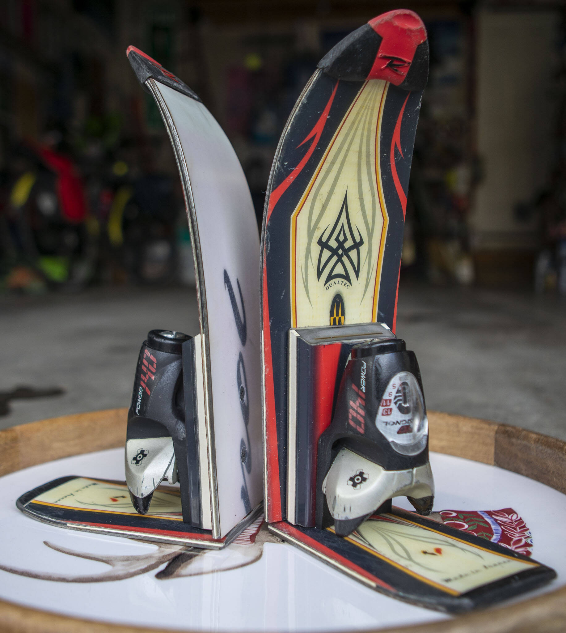 Brian Geppert fashioned these bookends from cast-off skis. (Annie Barker / The Herald)