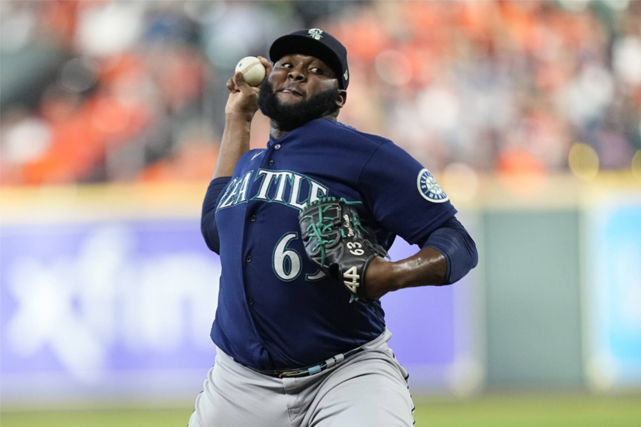 Seattle Mariners relief pitcher Diego Castillo delivers a pitch against the Houston Astros during the seventh inning in Game 1 of an American League Division Series game in Houston, Tuesday, Oct. 11, 2022. (AP Photo/Kevin M. Cox, File)