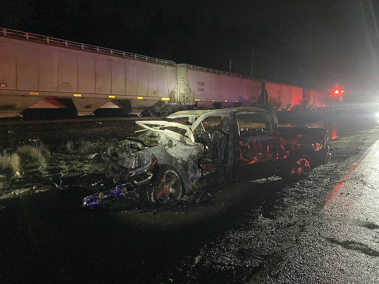 There were no injuries Tuesday night after a train collided with a truck at 212th Street NW and Sill Road south of Silvana. (Snohomish County Sheriff’s Office)
