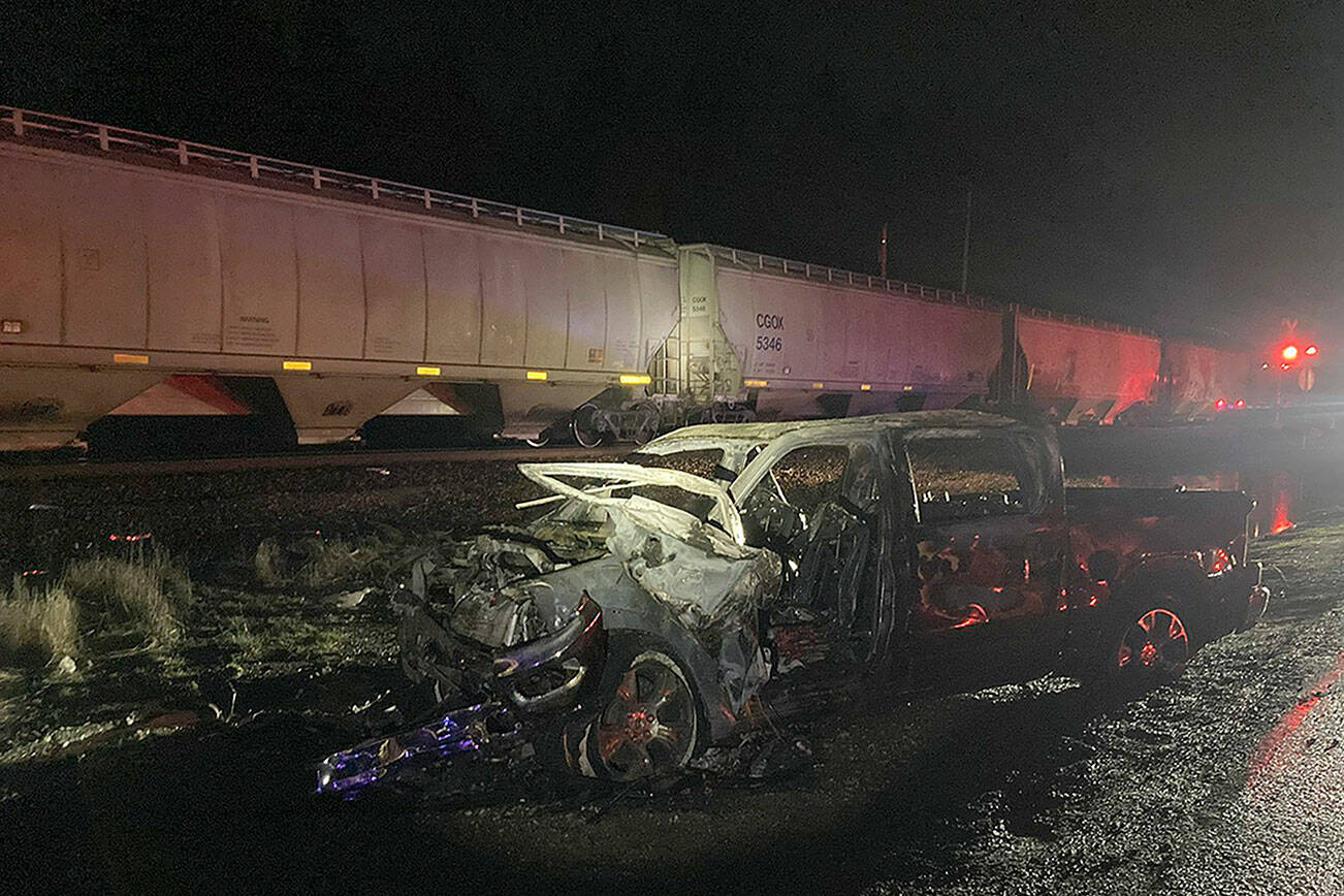 There were no injuries Tuesday night after a train collided with a truck at 212th Street NW and Sill Road south of Silvana. (Snohomish County Sheriff's Office)