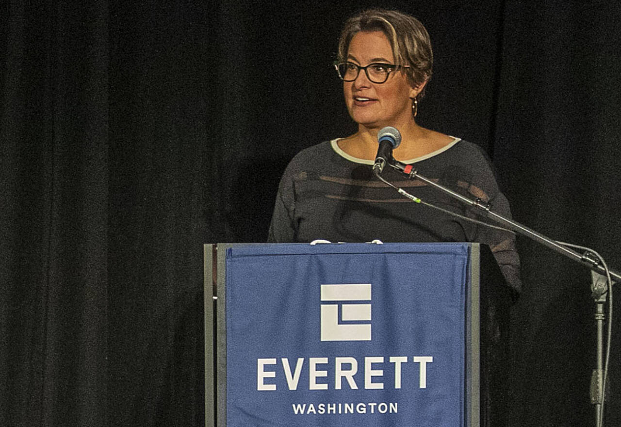 Mayor Cassie Franklin gives the State of Everett address at the Edward Hansen Conference Center in Everett, on Thursday. (Annie Barker / The Herald)