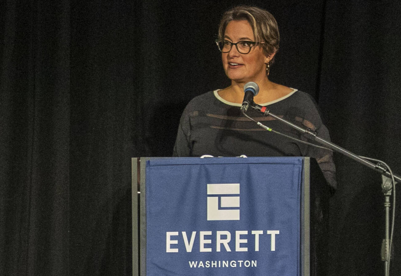 Mayor Cassie Franklin gives the State of Everett Update at the Edward Hansen Conference Center in Everett, Washington on Thursday, March 9, 2023. (Annie Barker / The Herald)