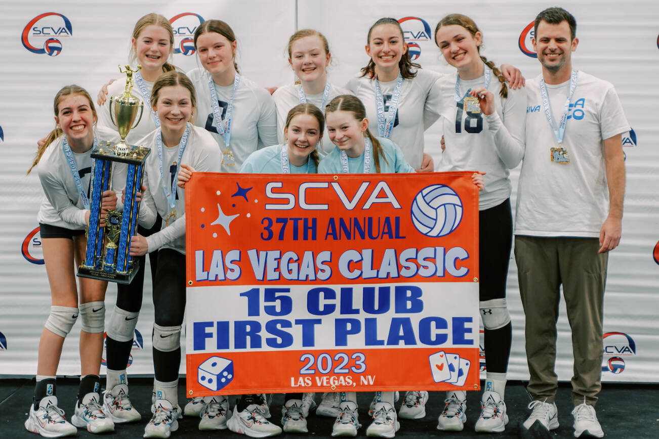 The Skagit Island Volleyball Academy 15-under South team (from left to right): Front row: Addison Bowie, Tatum Swapp, Ruby Hudson, and Kinsley Neal. Back row: Emme Shaffer, Harper Neyens, Audrey Marsh, Cambrielle Brown, Regan Hunt and coach Joseph Amaral. (Provided photo)