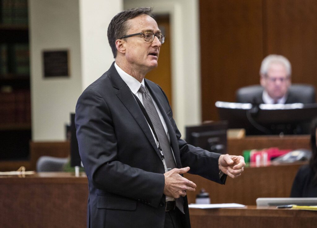 Prosecutor Craig Matheson makes closing arguments in the trial of Richard Rotter at the Snohomish County Courthouse on Friday, March 31, 2023, in Everett, Washington. (Olivia Vanni / The Herald)
