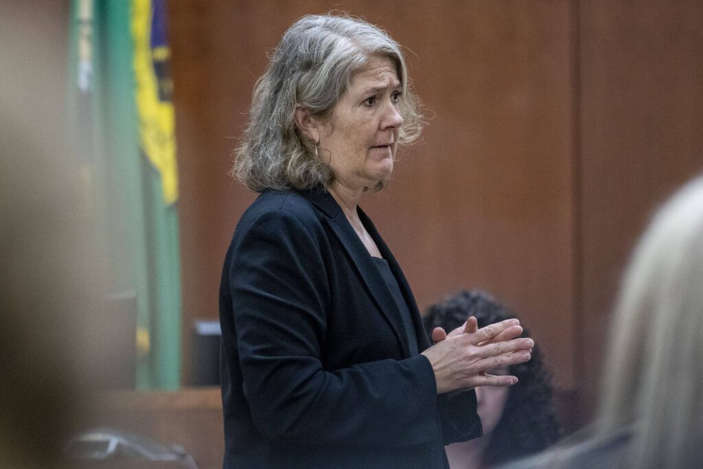 Defense attorney Natalie Tarantino gives her opening statement in the trial of Richard Rotter at the Snohomish County Courthouse in Everett, Washington on Monday, March 20, 2023. (Annie Barker / The Herald)
