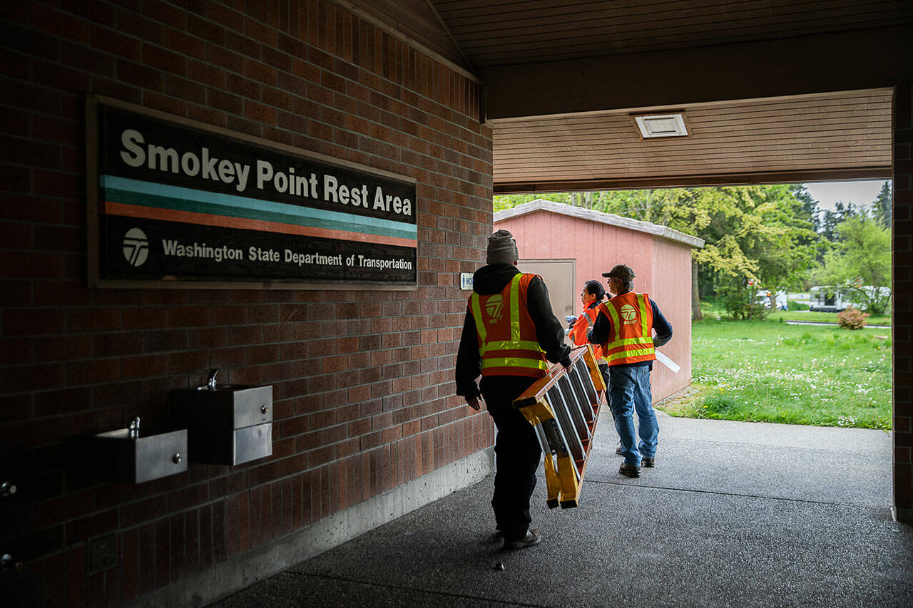 The Smokey Point rest area, seen here May 17, 2022, was closed for months due to homeless encampments at the Arlington site. (Olivia Vanni / Herald file)