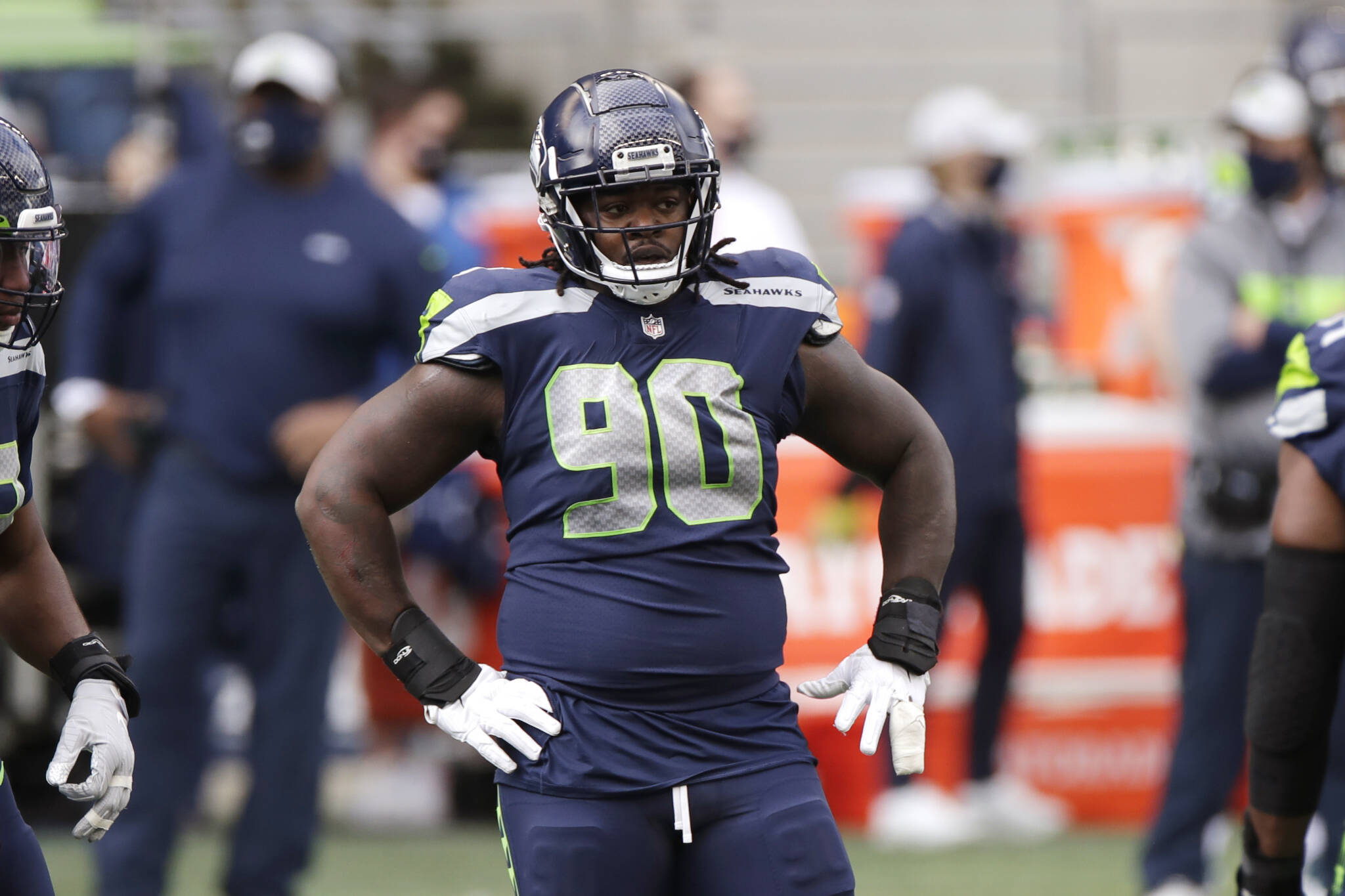 Seahawks defensive tackle Jarran Reed looks on during a game against the Giants on Dec. 6, 2020, in Seattle. (AP Photo/Larry Maurer)