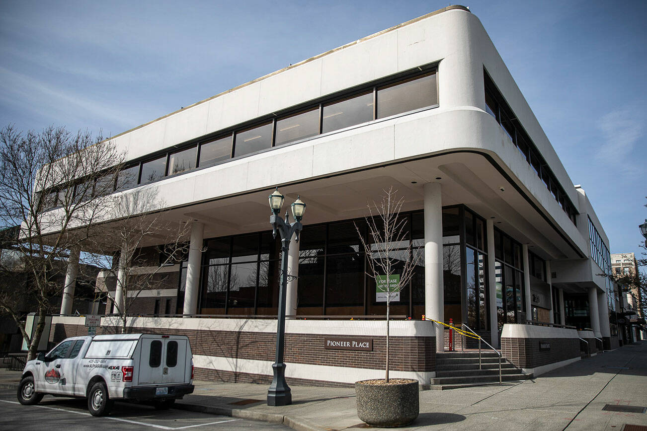 Former Opus Bank/Cascade Bank building in downtown Everett on Thursday, March 16, 2023 in Everett, Washington. It is proposed as the new home of Economic Alliance Snohomish County. (Olivia Vanni / The Herald)