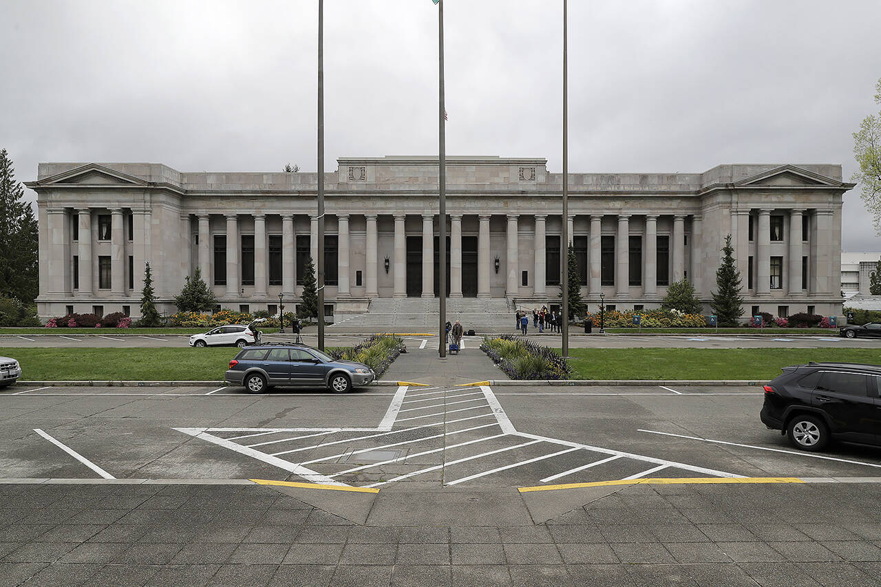 Washington State’s Supreme Court Building, also known as the Temple of Justice, shown April 23, 2020, in Olympia. (AP Photo/Ted S. Warren, file)