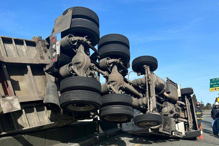 The on ramp to N5 from SR2 is fully blocked from a one semi rollover minor injury collision on Thursday, March 16, 2023, in Everett, Washington. (Photo provided by Trooper Kelsey Hardin)
