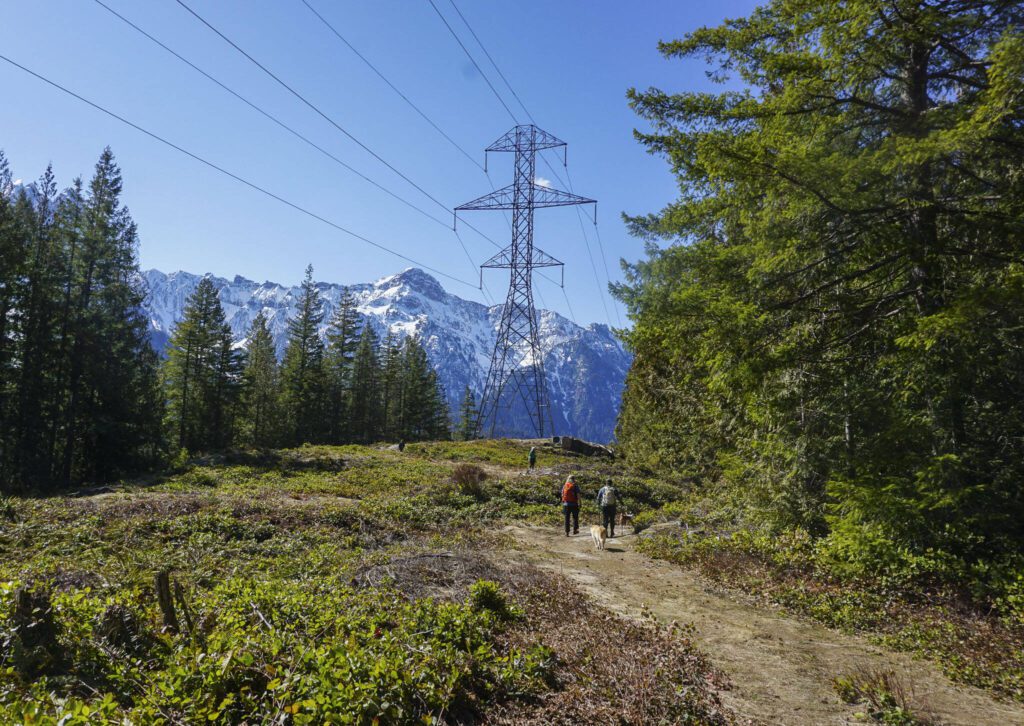 Hikers walk along a section of the Heybrook Ridge Trail that runs underneath power lines on Friday, March 18, 2023, in Index, Washington. (Kayla Dunn / The Herald).
