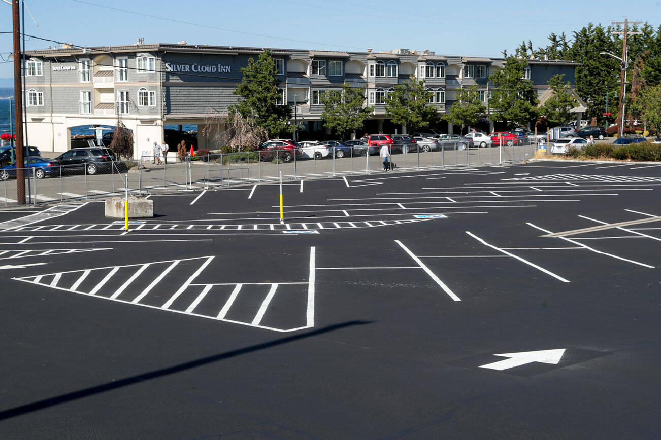 The former ferry holding lanes are repaved and getting ready for cars in Mukilteo, Washington on August 16, 2022.  (Kevin Clark / The Herald)