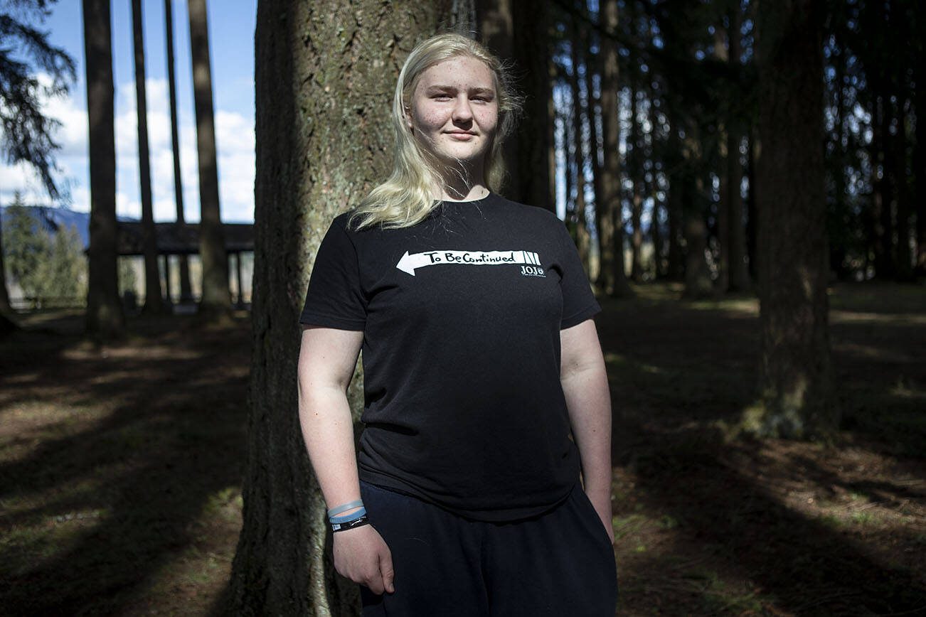 Max Larson, 14, poses for a photo at Terrace Park in Arlington, Washington, on Monday, March 27, 2023. (Annie Barker / The Herald)