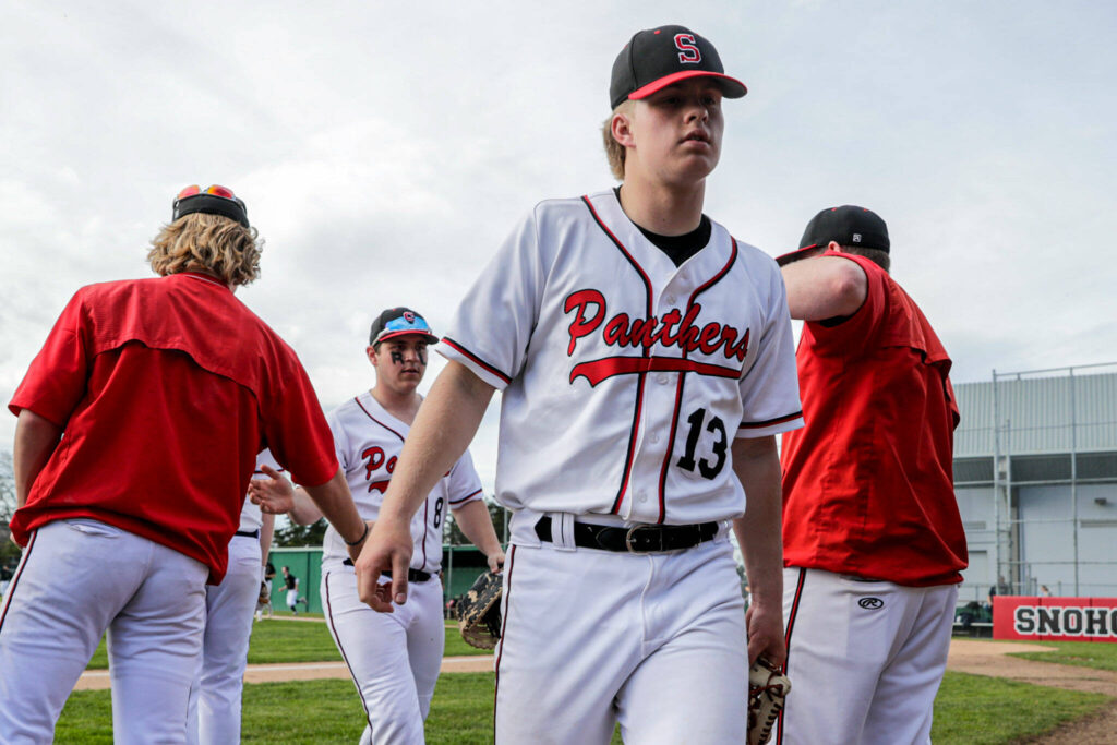 Kale Hammer walks back to the dugout after pitching against Marysville Getchell on April 7, 2022, at Snohomish High School in Snohomish. (Kevin Clark / The Herald)
